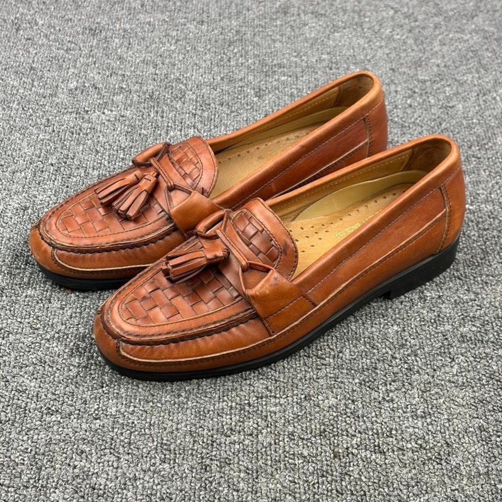 Men's French Shriner Brown Leather Woven Tassel Loafers Size 8.5 D